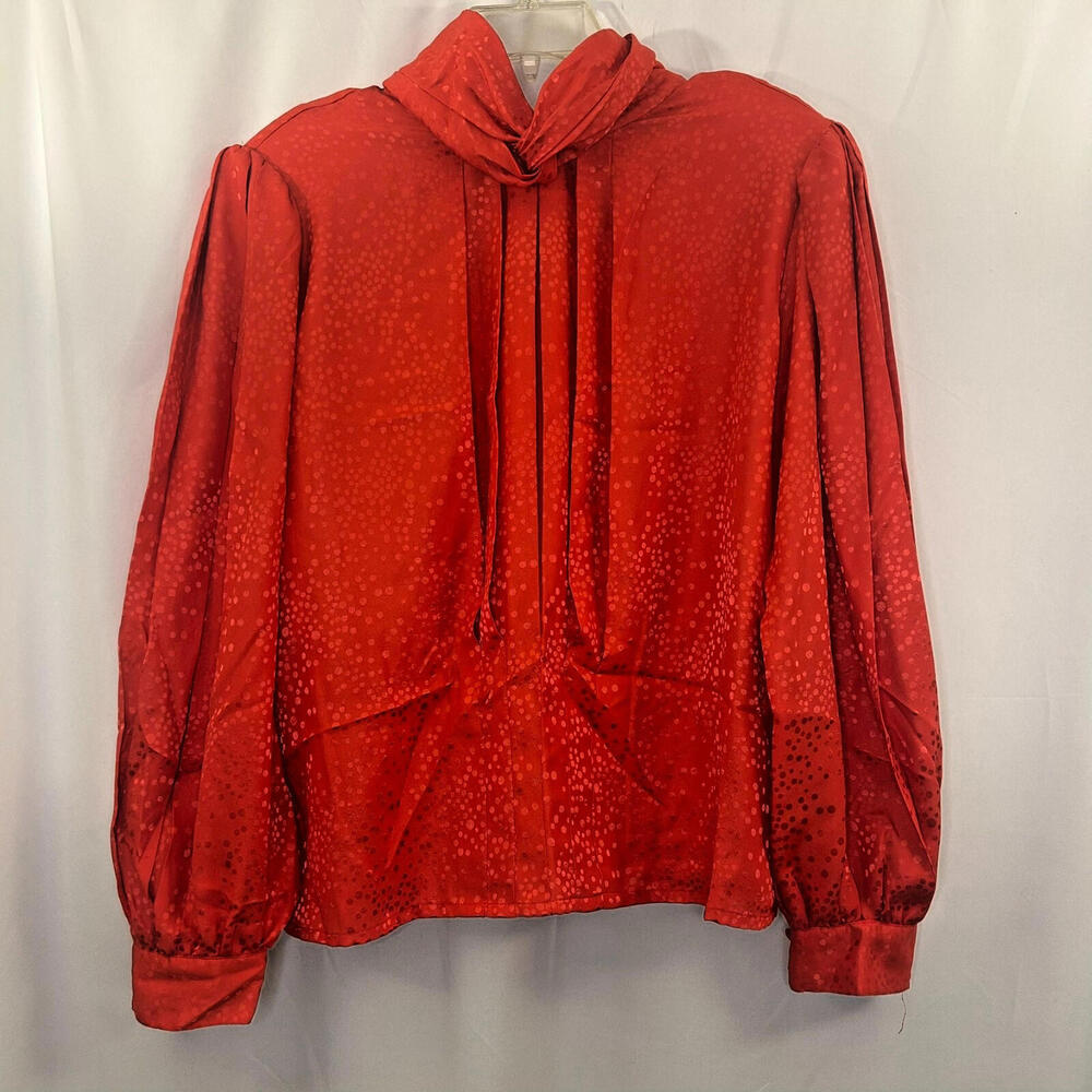 Vintage 80s La Blouse Red Silky Blouse Size 12 Pleated Button Neck Shoulder Pads
